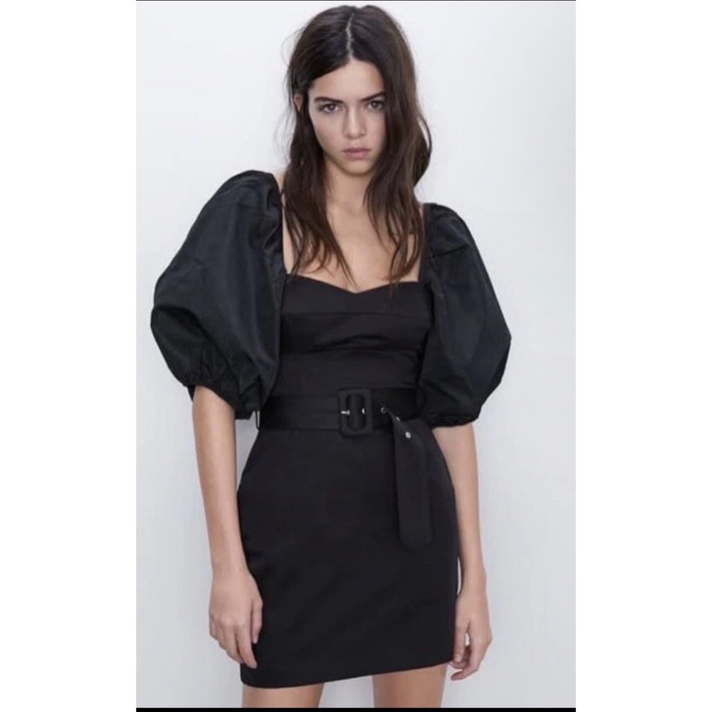 Zara Womens Black Puff Sleeve Belted Mini Dress‎ Square Neck Size L NWT